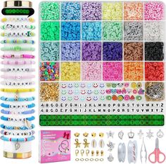 a large assortment of beads, scissors and other items for making bracelets or necklaces