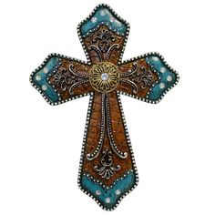 a cross with blue and brown designs on it