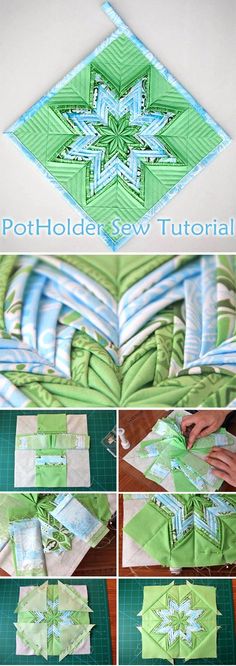 the instructions for how to make a quilted snowflake with green and blue fabric