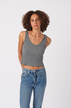 AMO Denim Crop Rib Tank in Heather Grey Penny Tees, Puff Sleeve Cardigan, Ribbed Tank Dress, Sweet Tee, Rib Fabric, Layering Tanks, Denim Color, Lilac Dress, Ribbed Dresses