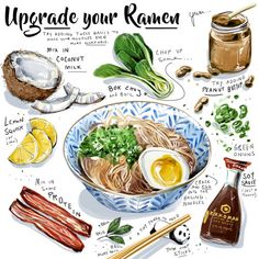 the ingredients for an unwrapped ramen are shown in this hand drawn illustration