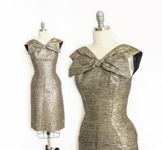 Vintage 1950s Dress - Metallic Silver Lame Fitted Wiggle Cocktail Dress 50s - XS Extra Small 1950s Wiggle Dress, Vintage 1950s Dress, Vintage 1950s Dresses, Kick Pleat, 50s Dresses, 1950s Dress, Wiggle Dress, Black Nylon, Fitted Silhouette