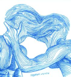 a drawing of two hands holding each other with blue ink on white paper in the background