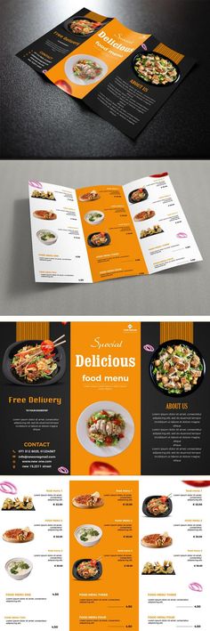 an orange and black restaurant menu is shown with the same color scheme as it appears in this