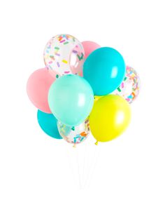 a bunch of balloons with confetti and sprinkles