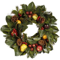 a christmas wreath with pine cones, apples and berries