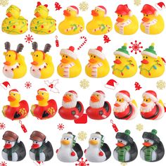 christmas rubber ducks with santa hats and scarfs, all in different poses on white background