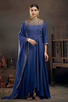 Shop for these amazing collections of Blue Anarkali Chinnon Hand Embroidered Sequins High Neck Set For Women by Hirika&Dhruti online at Aza Fashions. Semi-stitched Royal Blue Bollywood Anarkali Set, Blue Dola Silk Churidar For Diwali, Blue Churidar With Sheer Dupatta For Wedding, Eid Royal Blue Anarkali Set With Resham Embroidery, Blue Anarkali Set With Zari Work For Reception, Blue Dola Silk Anarkali Set With Sheer Dupatta, Blue Churidar With Gota Work For Party, Blue Anarkali Set With Dabka Work For Festive Occasions, Semi-stitched Royal Blue Anarkali Set