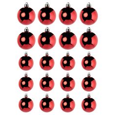 twelve red christmas baubles with black dots on them, all in different sizes and shapes