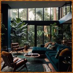 a living room filled with furniture and lots of plants on the windows sills