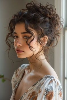 Soft Curly Updo Wedding, Cute Bangs For Curly Hair, Curly Hair Bun For Wedding, Fairy Bun Hairstyles, Hair Styles For Bun, Wedding Hair Bangs Updo, Space Buns Wedding Hair, Messy Curly Updo Wedding, Styling Short Hair For Wedding