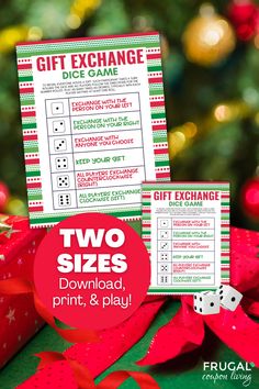 two printable christmas gift exchange game with red and green wrapping paper on the table