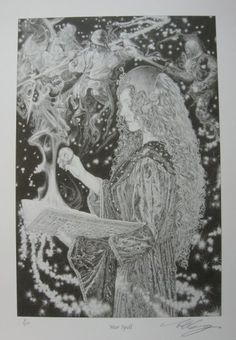 a black and white drawing of a woman holding an open book with angels in the background