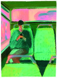 a drawing of a man sitting on a bus looking at his cell phone