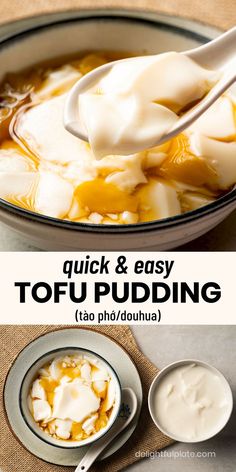 a bowl of Asian tofu pudding with ginger syrup Malaysian Food Desserts, Milk Pudding Recipe, Tofu Dessert, Homemade Soy Milk, Vietnamese Desserts, Tofu Pudding, Vietnamese Dessert, Milk Pudding, Asian Dessert