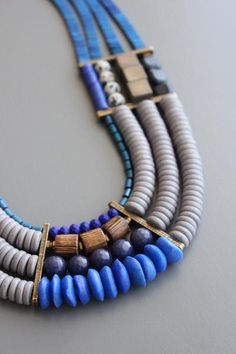 22" four strand necklace with plated hematite, vinyl, Dalmatian, blue goldstone, magnesite, glass, dyed jade, and wood beads.  4 inch extender. Blue Multi-strand Wooden Bead Necklaces, Blue Jewelry With Wooden Beads, Beaded Jewelry For Men, Mens Beaded Jewelry, Diy Necklace Patterns, Beads Craft Jewelry, Beaded Jewelry Necklaces, Native American Beaded Earrings, Beaded Necklace Designs