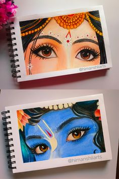 two notebooks with paintings on them sitting next to each other, one has an image of a woman's face