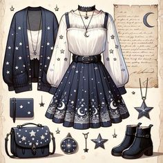 an illustration of a dress and purse with stars on the top, moon in the background