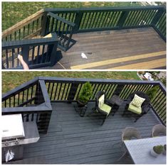 two pictures of a deck with chairs and an outdoor grill on the other side of the deck