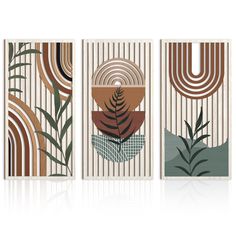 three panels with different designs on them, one in brown and the other in green