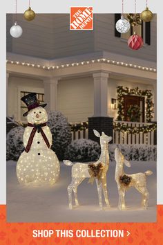 christmas lights and decorations are displayed in front of a house with snowman and deer