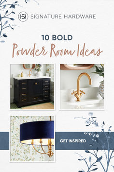 Get inspired by this graphic with its Signature Hardware's featured products including the Quen Vanity, the Vassor Bathroom Faucet, and the Van Noord 5-Light Pendant. Read more about 10 bold powder room ideas. Classy Bathroom Wallpaper, Navy Blue And Gold Wallpaper Bathroom, Bold Powder Room Ideas, Black And White Wallpaper Bathroom Luxe, Powder Room Wallpaper Elegant Blue And White, Bold Wallpaper Bathroom Black And Gold, Bold Powder Room, Cobalt Blue Wallpaper Bathroom, Grey Marble Bathroom