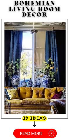 a living room decorated in yellow and blue with text reading bohemian living room decor 19 ideas read more