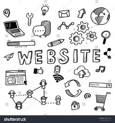 the word website surrounded by hand drawn doodles and icons on a white background stock photo