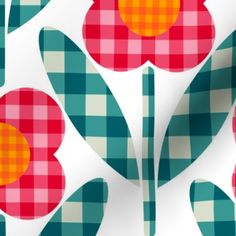 an abstract floral pattern with red and green flowers on a white checkerboard background