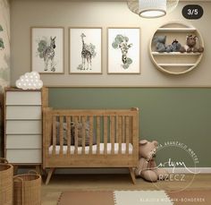 a baby's room with green walls and pictures on the wall