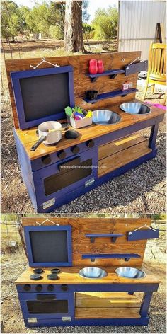 an outdoor kitchen made out of wood and metal