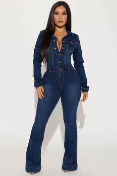 Day Dreaming Long Sleeve Denim Jumpsuit - Dark Denim | Fashion Nova, Jumpsuits | Fashion Nova Elegant Jeans, Jeans And Sneakers Outfit, Long Sleeve Denim Jumpsuit, Romper Overalls, Jean Jumpsuit, Jumpsuit Denim, Denim Jumpsuits, Stretch Jumpsuit, Day Dreaming