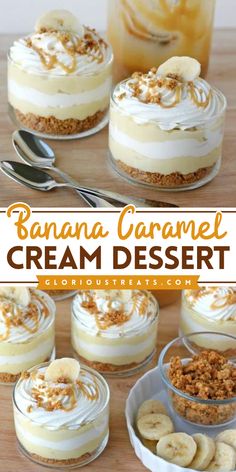 Want more easy dessert ideas? This Banana Caramel Cream Dessert recipe starts with delicious homemade pastry cream, fresh bananas, whipped cream, caramel sauce, and a graham cracker crust. Make this sweet dessert for a yummy treat that everyone will love! Graham Cracker Parfait, Banana And Caramel Desserts, Banana Caramel Cream Dessert, Banana Cream Parfait, Desserts With Homemade Whipped Cream, Banana Cream Pie Shooters, Banana Parfait Desserts, Banana Dessert Cups, Salted Caramel Banana Pudding