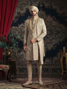 Rachit Khanna Turquoise-Golden Silk Sherwani Set-INDIASPOPUP.COM Indian Groom Wear Wedding Sherwani, Indian Groom Wear Wedding, Rachit Khanna, Men Sherwani Wedding Indian Groom, Groom Indian Wedding Outfits, Indian Wedding Clothes For Men, Beige Embroidery, Sherwani For Men Wedding, Wedding Kurta For Men