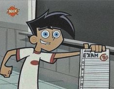 a cartoon character holding up a sign with the word exam written on it in front of him