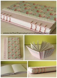 an open book sitting on top of a table next to other photos and papers with flowers