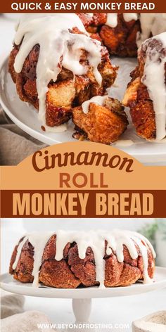 cinnamon roll monkey bread with icing on top and the words, quick & easy monkey bread