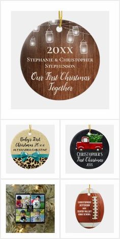 personalized christmas ornament set with footballs and mason jars on the front