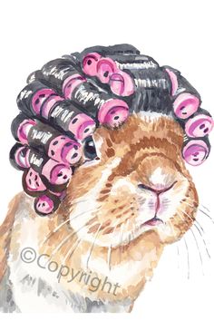 Watercolour painting of a bunny rabbit with hair curlers by Deidre Wicks Combing Hair, Lop Eared Bunny, A Bunny, Cute Easy Drawings, Hair Painting, Rabbit Hole, Hair Curlers, How To Draw Hair, Watercolor Artist