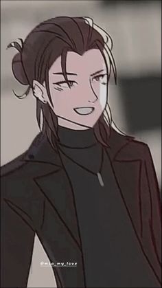 an animated image of a woman with long hair wearing a black turtle neck sweater and ponytails