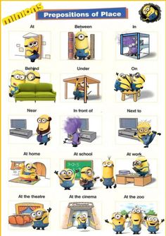 a poster showing the different types of minionss in their home and work areas, including desk