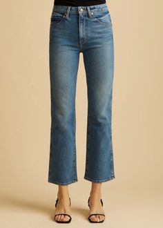 The Vivian Jean in Vintage Blue– KHAITE Cropped Jeans Outfit, Bootcut Flare Jeans, Vintage Wash Jeans, High Rise Style, Flare Denim Jeans, Denim Trends, Cropped Flares, Cut And Style, Jean Outfits