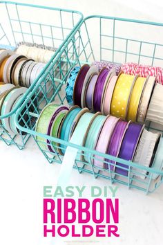 a basket filled with different colored spools of ribbon next to the words easy diy ribbon holder