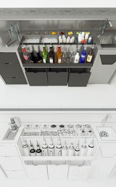 an overhead view of a bar with liquor bottles