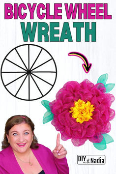 a woman pointing at a pink flower with the words bicycle wheel wreath above it