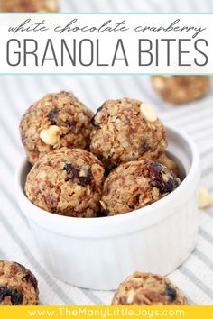 white chocolate cranberry granola bites in a bowl with the title above it