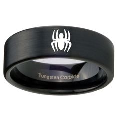 This tungsten carbide ring in black color, 8mm width with a logo Spiderman engraved on it. This tungsten ring is cobalt free to avoid allergies, high polish finish, comfort fit design, perfect for the one you love. Tungsten ring is non scratch only apply on original tungsten silver color, it DOES NOT apply for any color coated tungsten item, please good take care your jewelry avoided from crash or any chemical lotion or perfume apply on the surface, it will effect the coating on the ring. Tungsten tendency to break when drop on floor or hit with hard material. We can customize logo from your own design , email us and we can make for you. We provide laser inside text engraving service, add on engrave from the drop down manual.. Mens Engagement Ring, Blue Wedding Band, Promise Rings For Guys, Tungsten Carbide Wedding Bands, Black Tungsten, Tungsten Carbide Rings, Mens Engagement, Ring Sale, Tungsten Ring