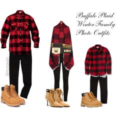 plaid shirt, black pants and boots are featured in this fashion ad for buffalo plaid winter family photo outfits