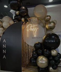 a birthday sign surrounded by balloons and streamers in an office setting with the name party written on it