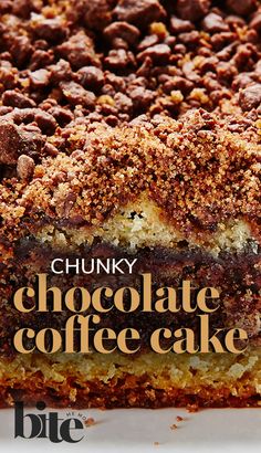 a close up of a cake on a plate with the title chunky chocolate coffee cake